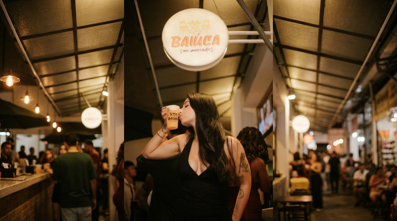 Cliente bebendo um copão do Baiúca sob a placa luminosa 'Baiúca no Mercado'